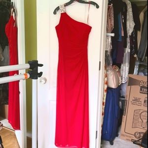 Red formal long one shoulder dress